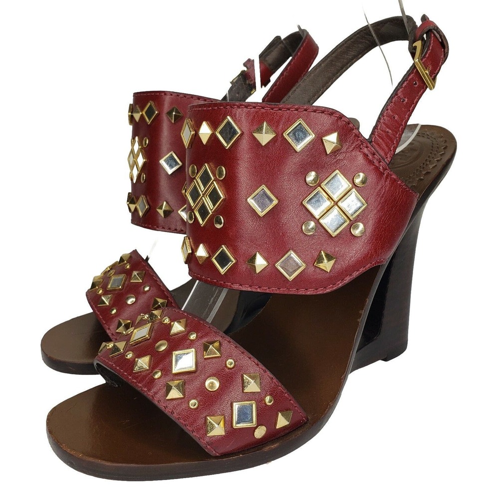 RARE Tory Burch Kingsbridge Red Leather Studded Metallic Wedges Womens Size 6 US